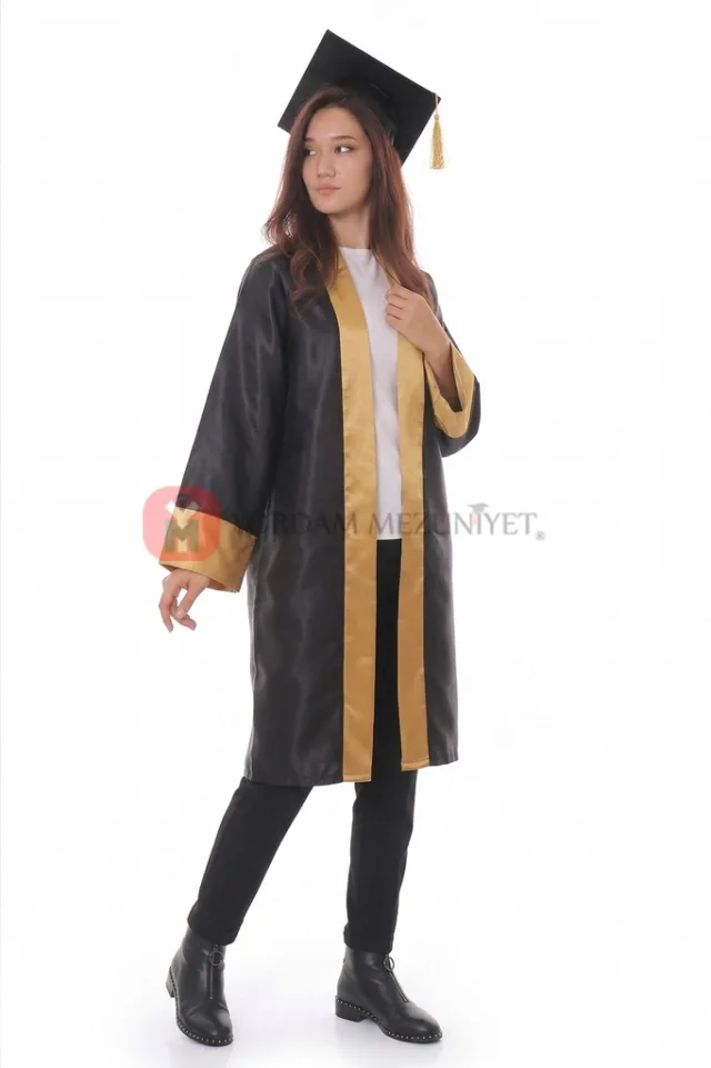 Gold (altın sarısı) bantlı kiralık lise mezuniyet cübbesi ve kep