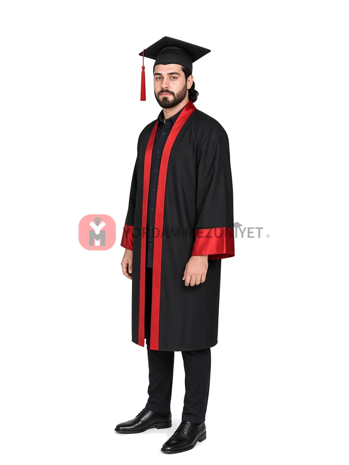 Üniversite Alpaka Kırmızı Mezuniyet Kep Cübbe - yan görünüm