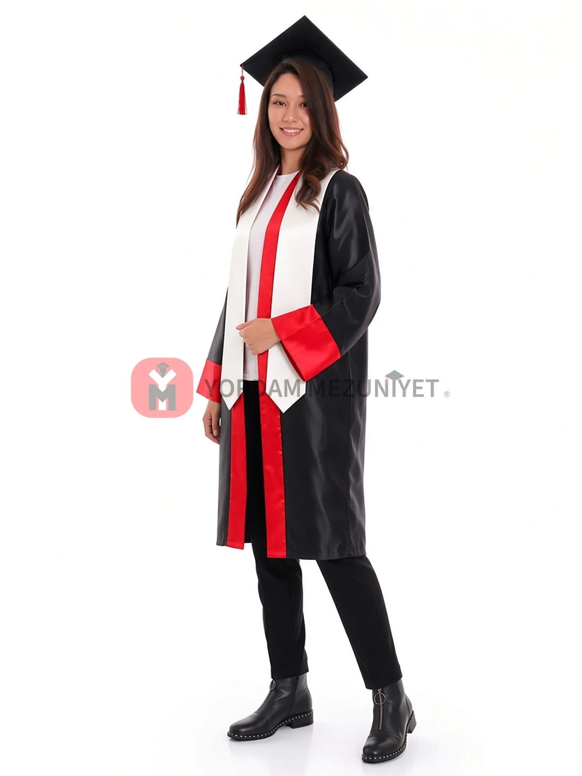 Beyaz mezuniyet atkısı Model 2 (üçgen uçlu, V yaka) – yan görünüm