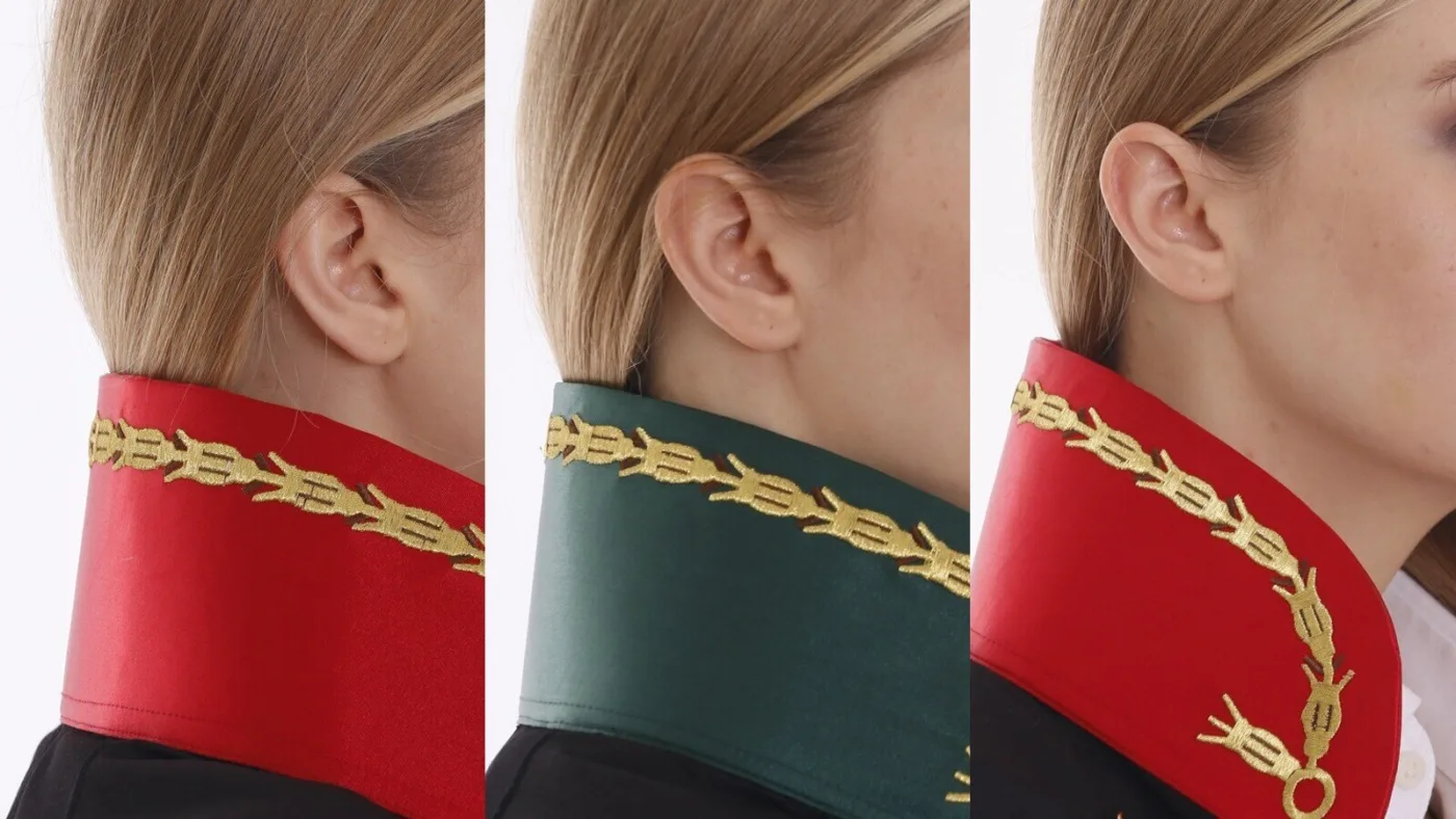 Ceza hâkimi (kırmızı), hukuk hâkimi (yeşil) ve savcı (kırmızı) cübbe yakaları ve defne dalı sırma