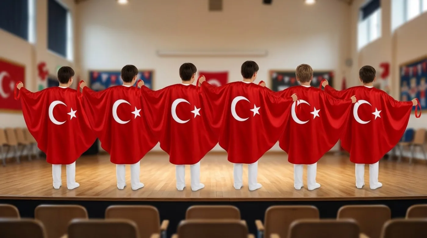 Okul salonundaki sahnede, sırtında ay yıldız baskılı kırmızı saten pelerinlerini parmak kurdeleleriyle açmış, arkadan görünen altı çocuk