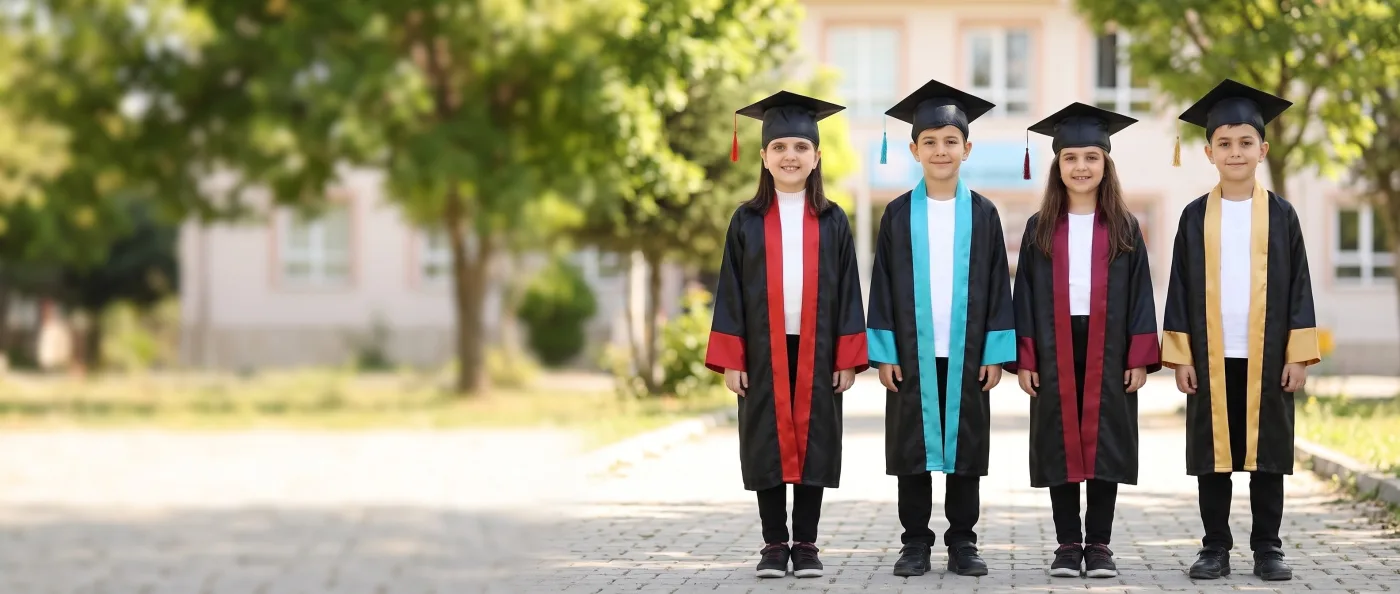 Okul bahçesinde kırmızı, turkuaz, bordo ve gold bantlı mezuniyet cübbesi ve kep giymiş dört öğrenci